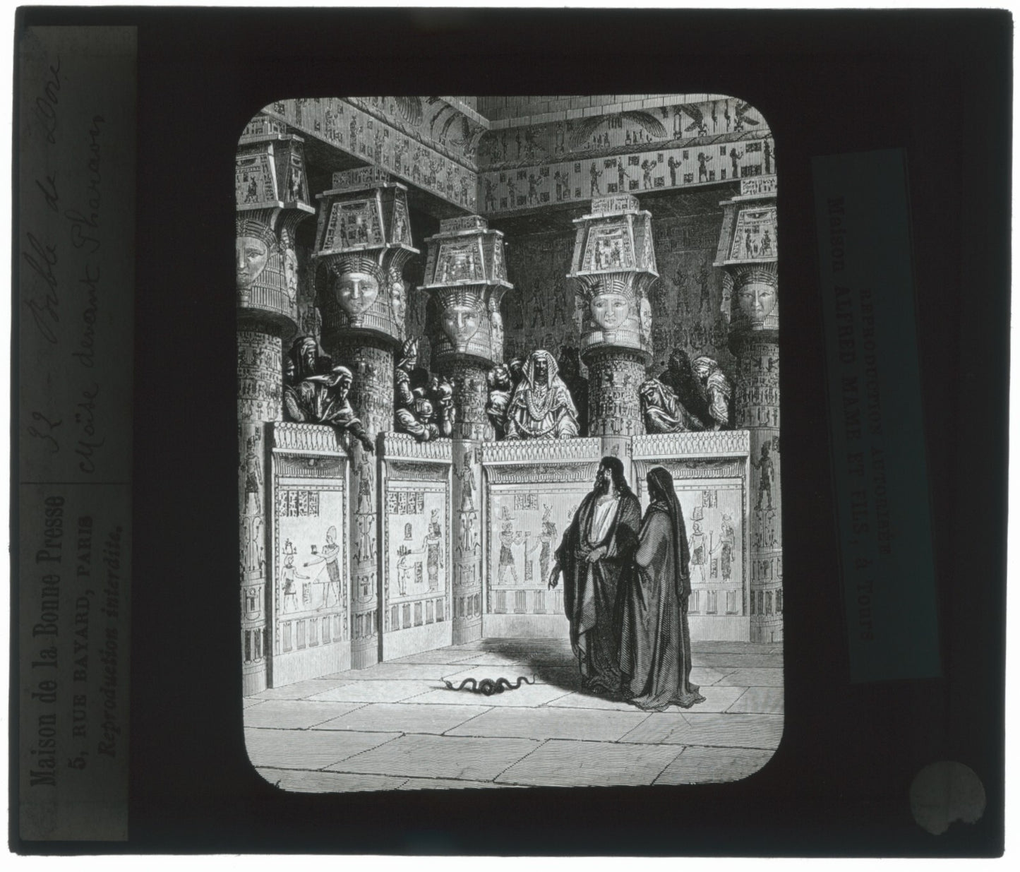 Moïse devant Pharaon, Bible de Doré, dessin, plaque verre, positif 8,5x10 cm