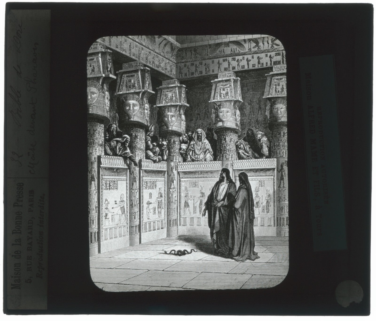 Moïse devant Pharaon, Bible de Doré, dessin, plaque verre, positif 8,5x10 cm