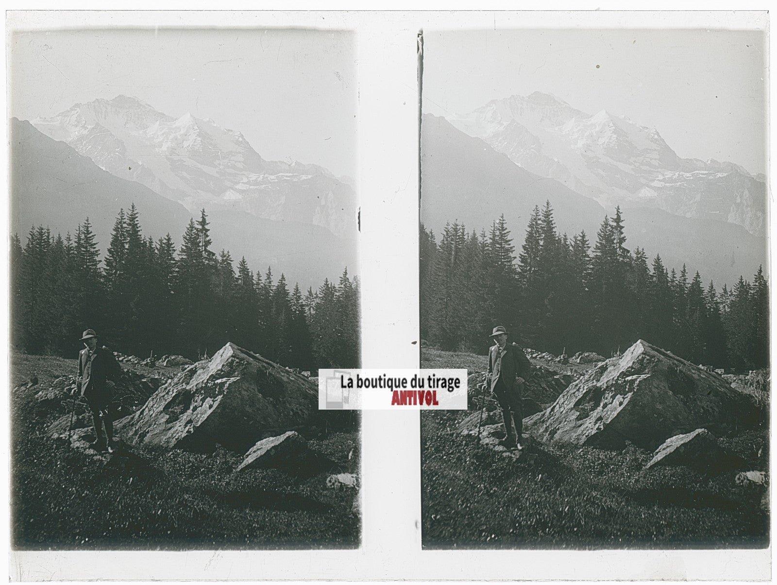 Randonneur, Alpes, Suisse, stéréo photo plaque verre, noir & blanc, 9x12 cm