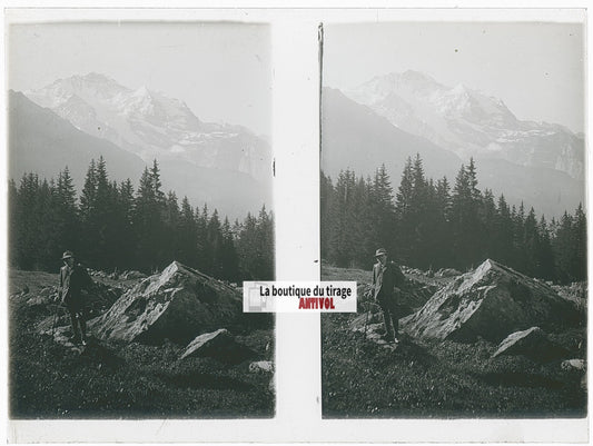 Randonneur, Alpes, Suisse, stéréo photo plaque verre, noir & blanc, 9x12 cm
