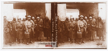 Éparges, corvée de jus, guerre WW1, plaque verre photo ancienne stéréo 6x13 cm
