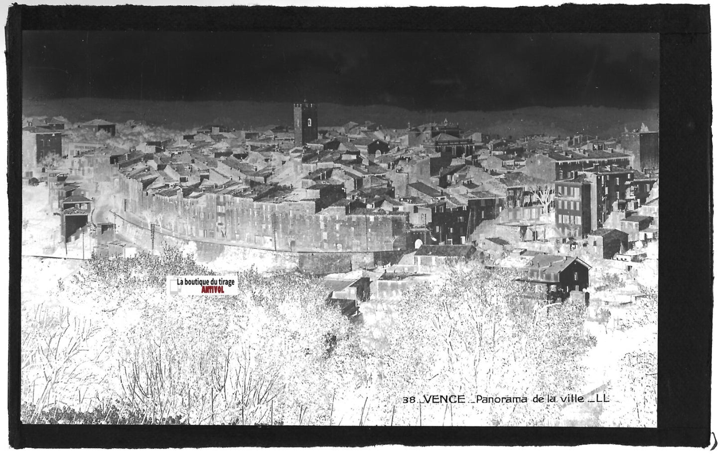 Plaque verre photo ancienne, négatif noir & blanc 9x14 cm, Vence, carte postale