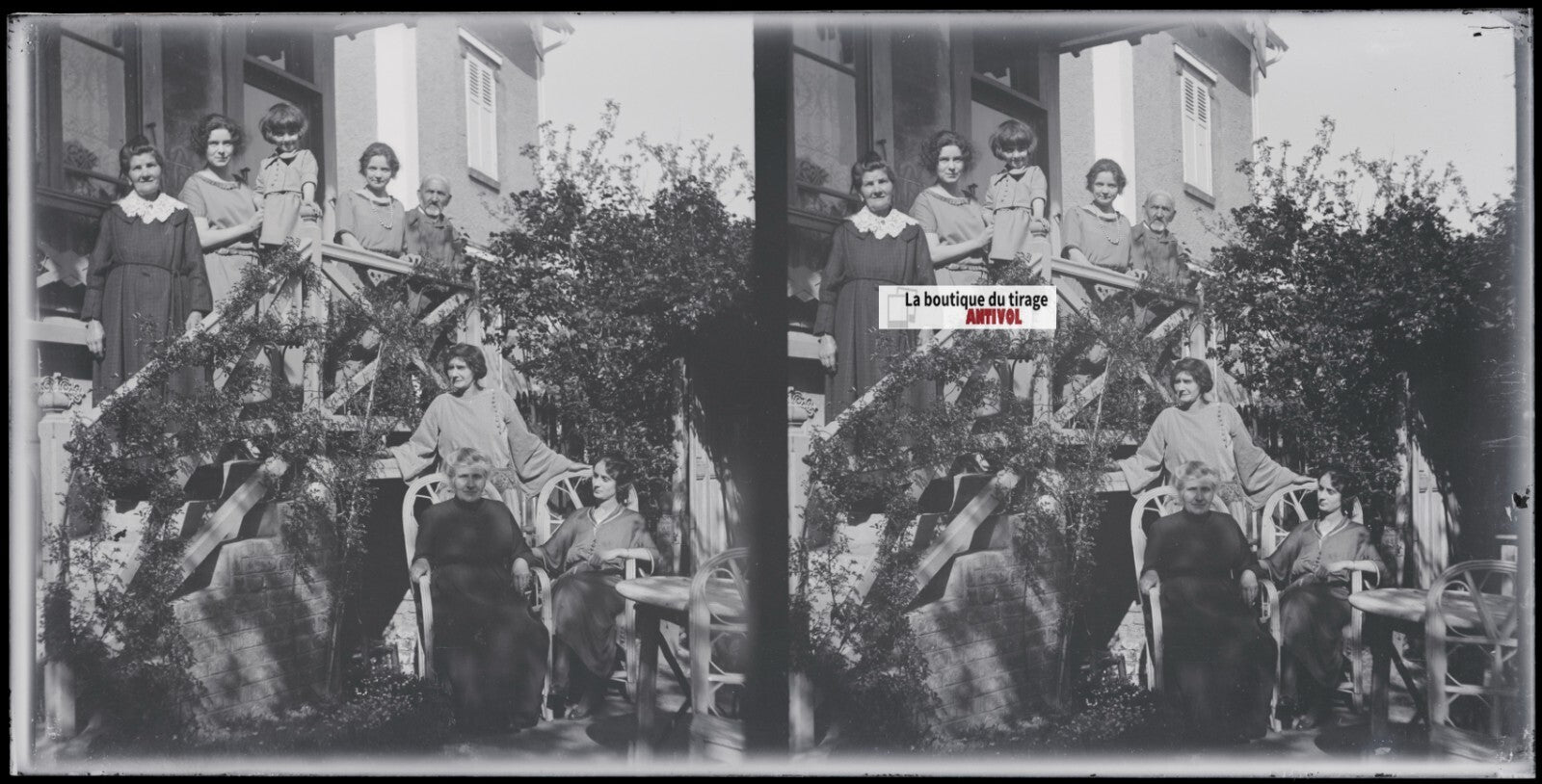 Villa, maison, famille, stéréoscopie, photo plaque verre, négatif 9x18 cm