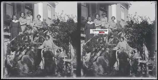 Villa, maison, famille, stéréoscopie, photo plaque verre, négatif 9x18 cm