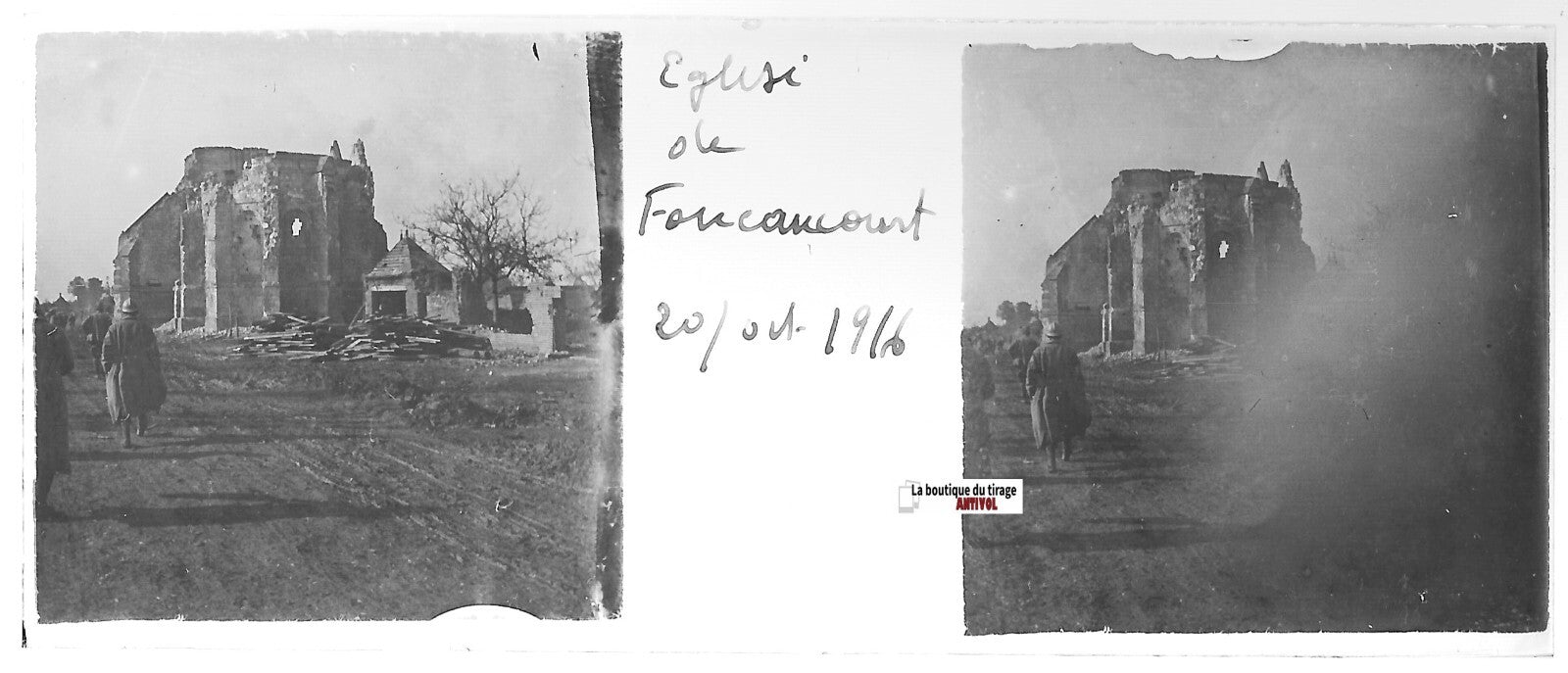 Foucaucourt église, Plaque verre stéréo positif ancien noir & blanc 4,5x10,7 cm