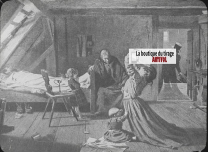 Scène religieuse, religion, dessin peinture, plaque verre, positif 8,5x10 cm