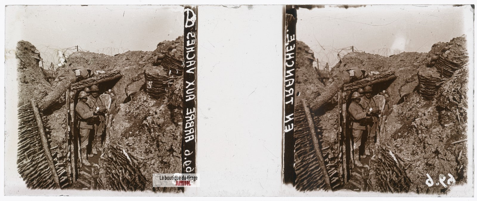 Arbre aux Vaches, tranchée guerre WW1, plaque verre stéréo, photo 4,5x10,7 cm