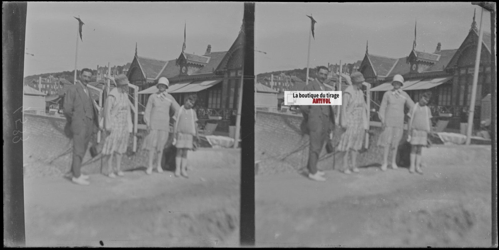 Famille, promenade, stéréoscopie, photo ancienne plaque verre, négatif 9x18 cm