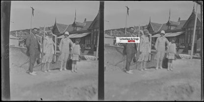 Famille, promenade, stéréoscopie, photo ancienne plaque verre, négatif 9x18 cm