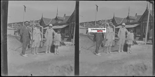 Famille, promenade, stéréoscopie, photo ancienne plaque verre, négatif 9x18 cm