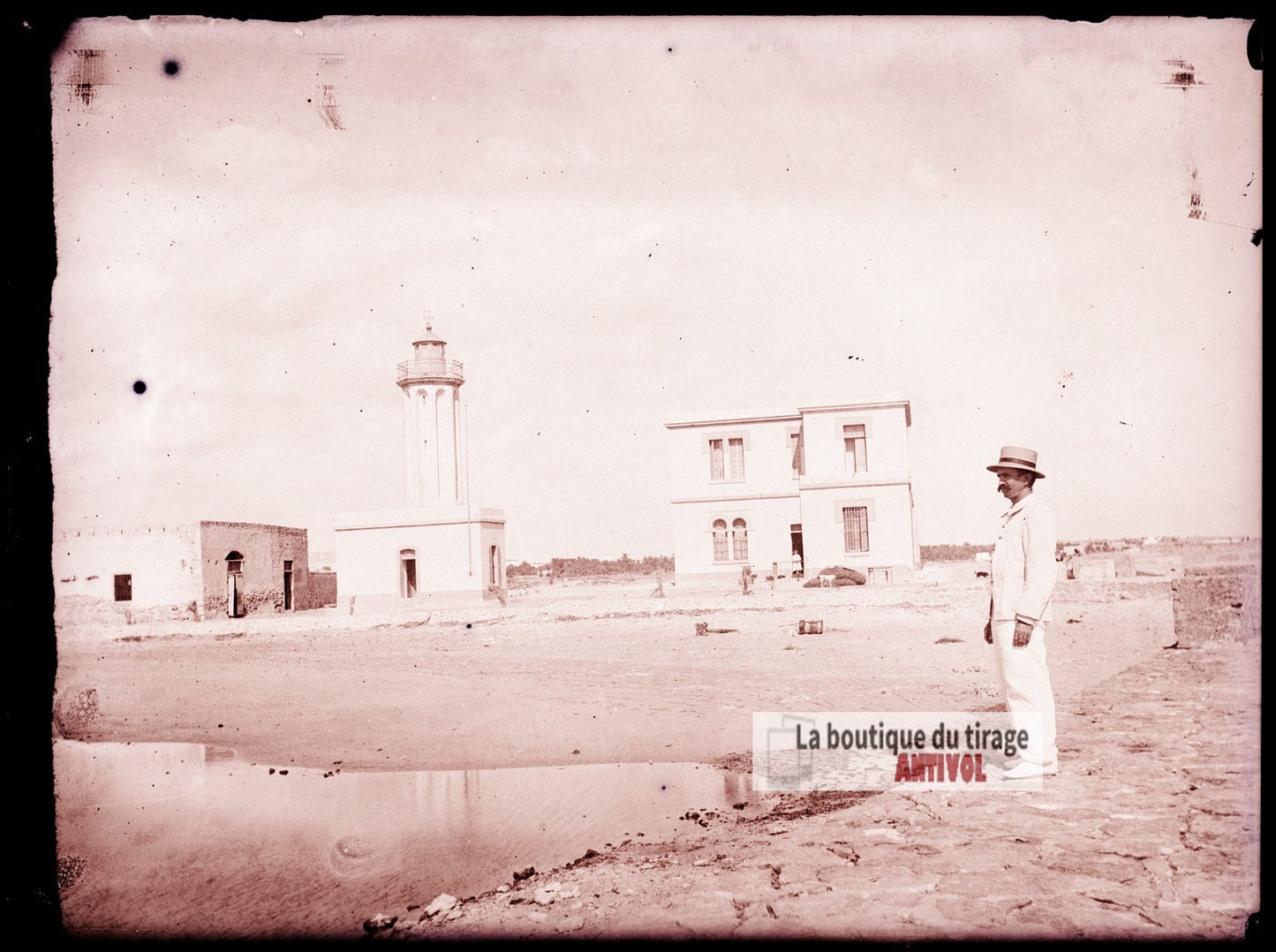 Zarzis Tunisie, douane phare, plaque verre photo ancienne, négatif 9x12 cm