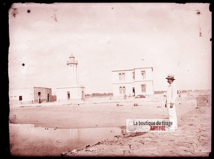Zarzis Tunisie, douane phare, plaque verre photo ancienne, négatif 9x12 cm