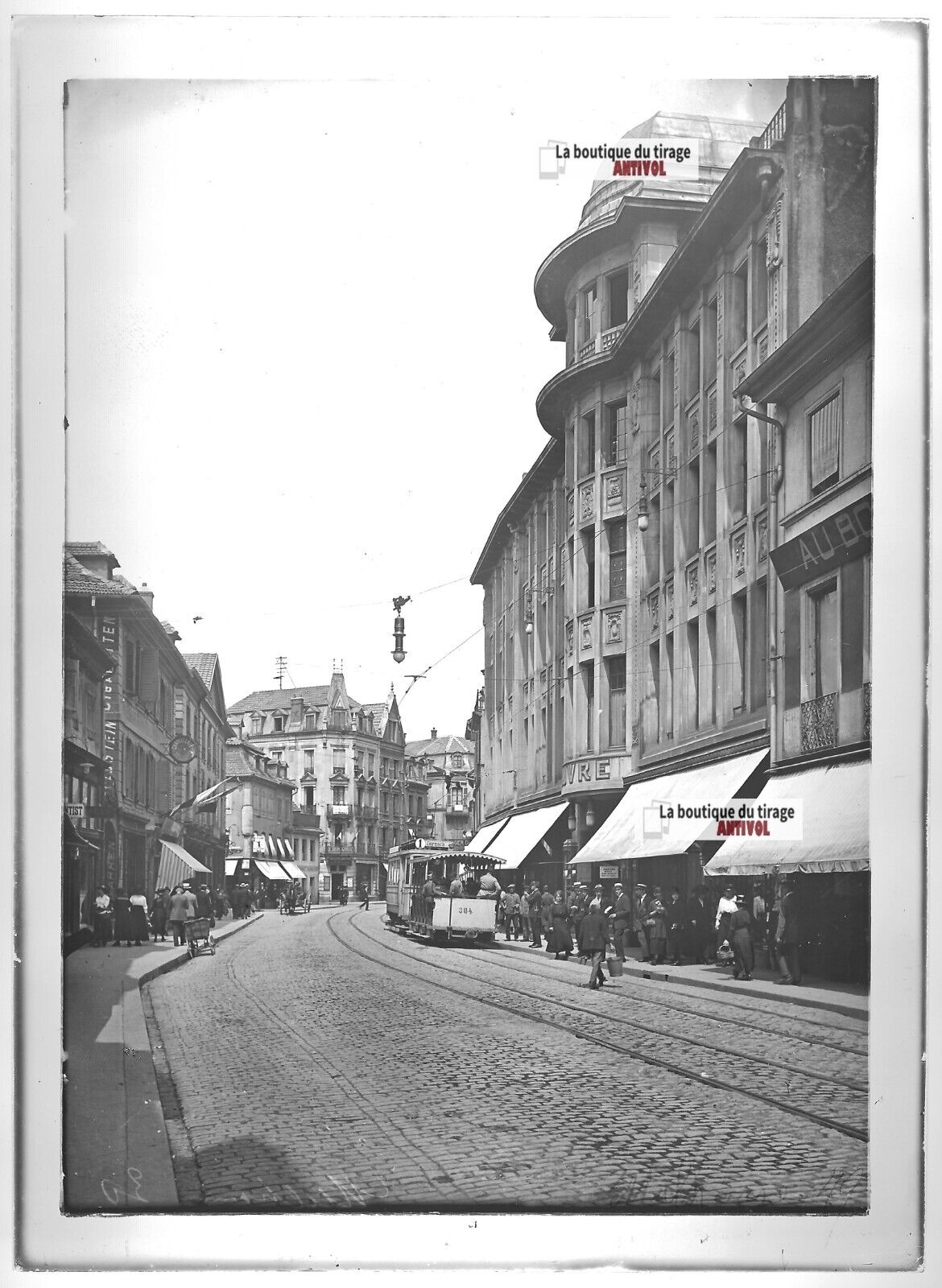 Plaque verre photo ancienne positif noir et blanc 13x18 cm Mulhouse tramway