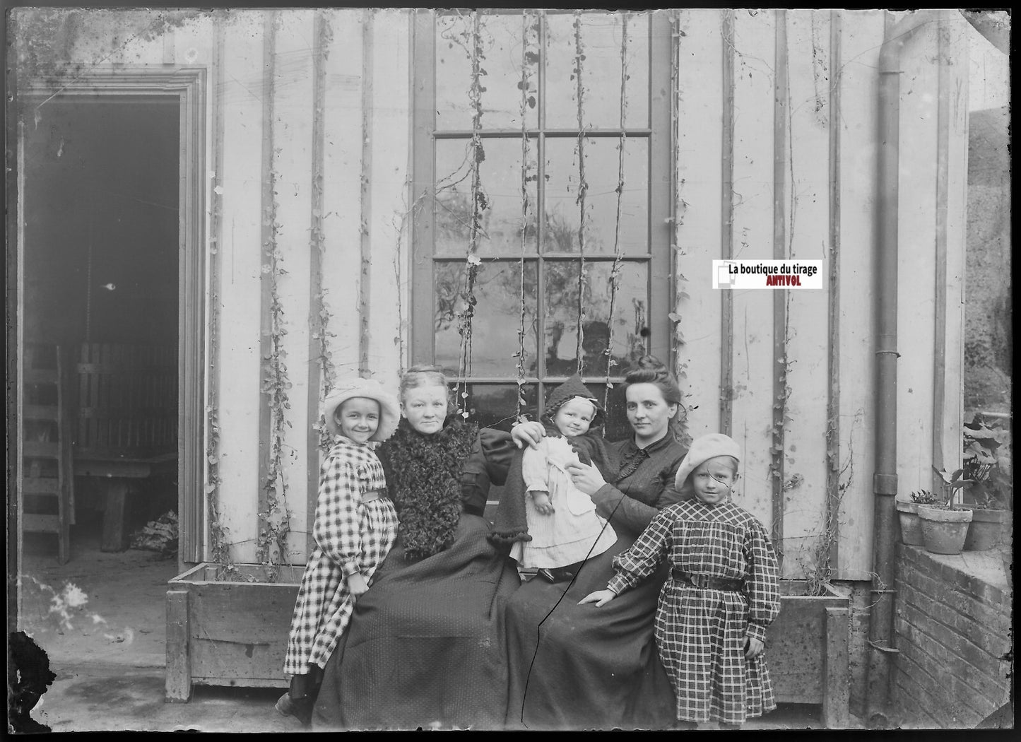Femmes enfants, Plaque verre photo ancienne, négatif noir & blanc 13x18 cm