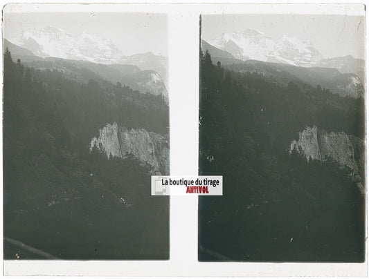 Panorama Jungfrau, Suisse, stéréo photo plaque verre, noir & blanc, 9x12 cm