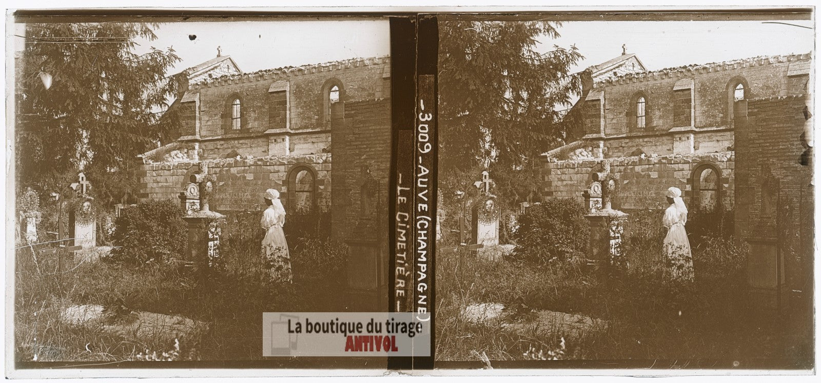 Auve, cimetière, guerre WW1, plaque verre photo ancienne stéréo 6x13 cm