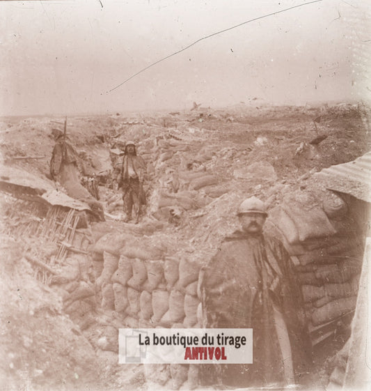 Moulin de Souain, tranchée, guerre WW1, plaque verre stéréo, photo 4,5x10,7 cm