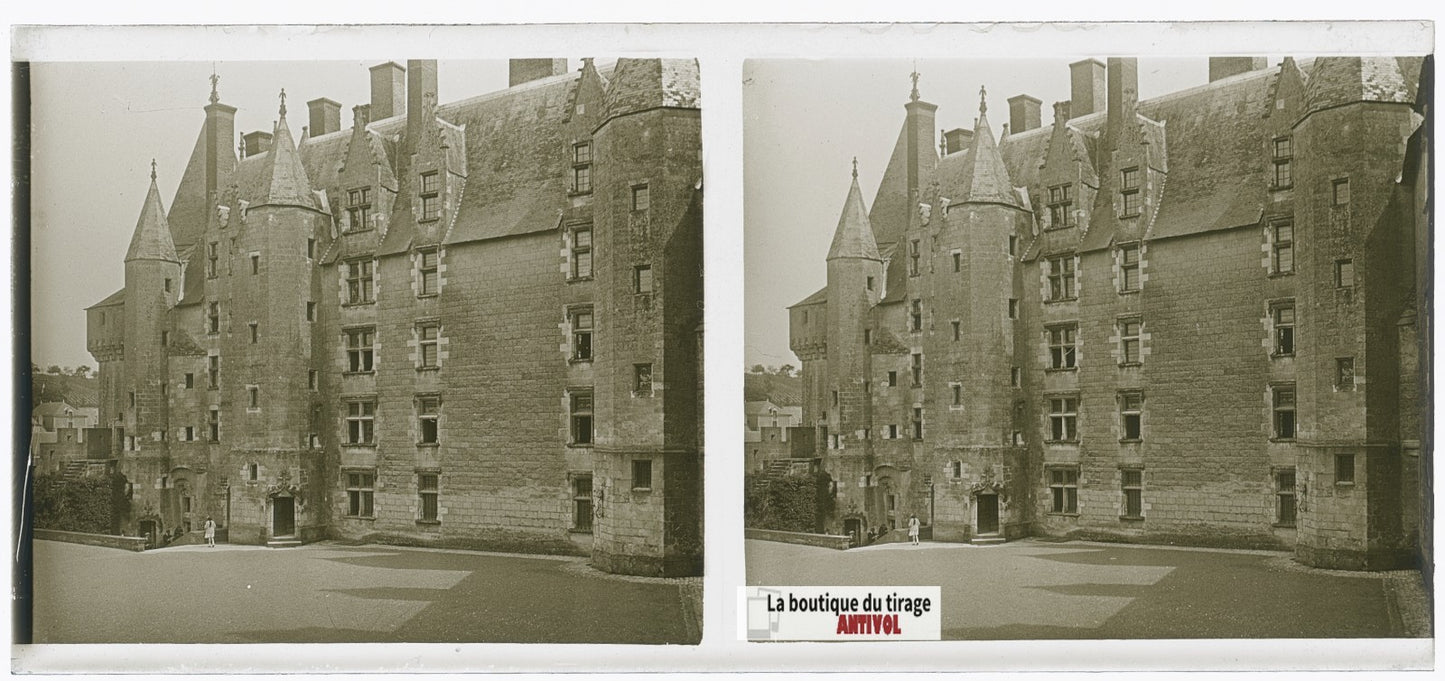 Château de Langeais, plaque verre, photo stéréoscopie, noir & blanc 6x13 cm