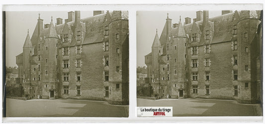 Château de Langeais, plaque verre, photo stéréoscopie, noir & blanc 6x13 cm