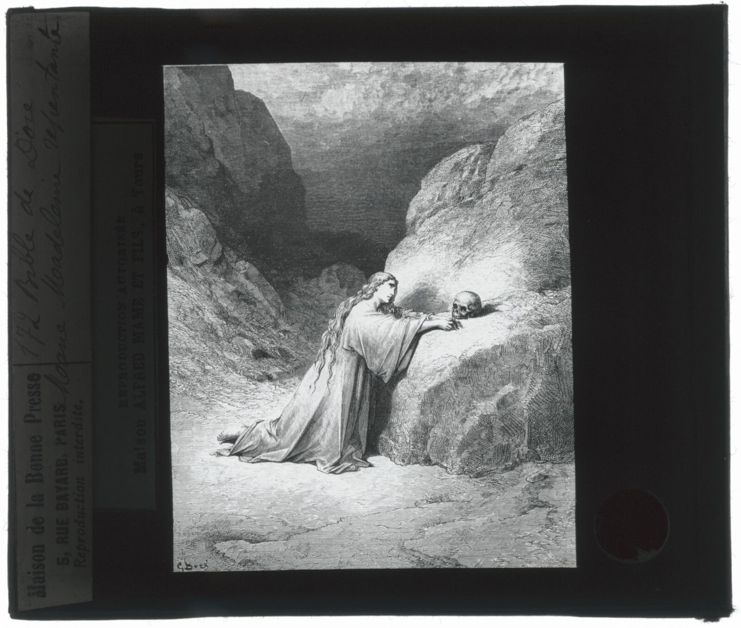 Marie Madeleine, Bible de Doré, dessin, plaque verre, positif 8,5x10 cm