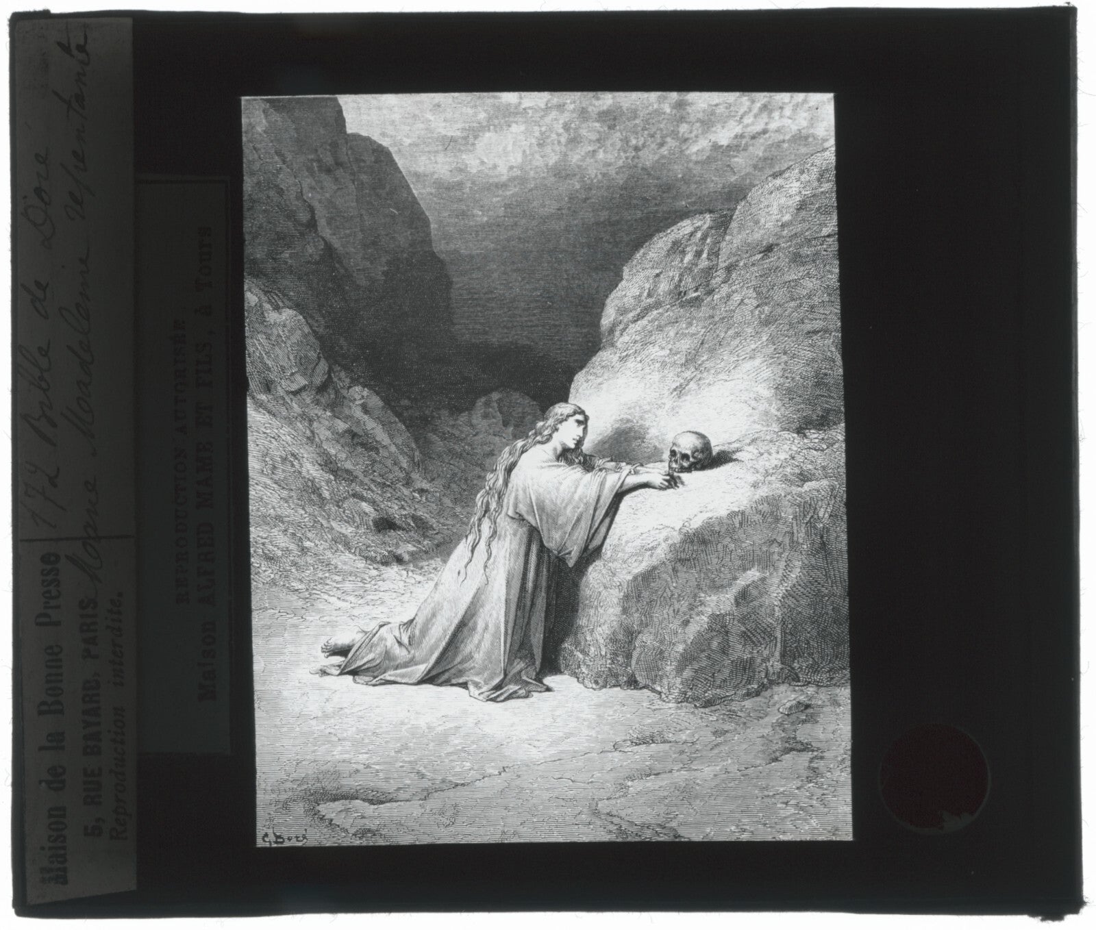 Marie Madeleine, Bible de Doré, dessin, plaque verre, positif 8,5x10 cm