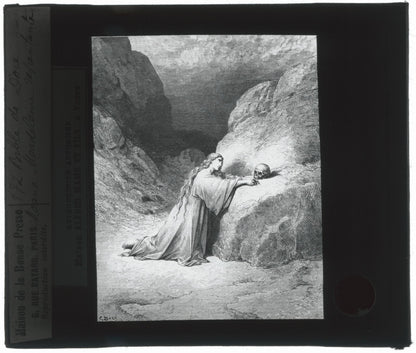 Marie Madeleine, Bible de Doré, dessin, plaque verre, positif 8,5x10 cm