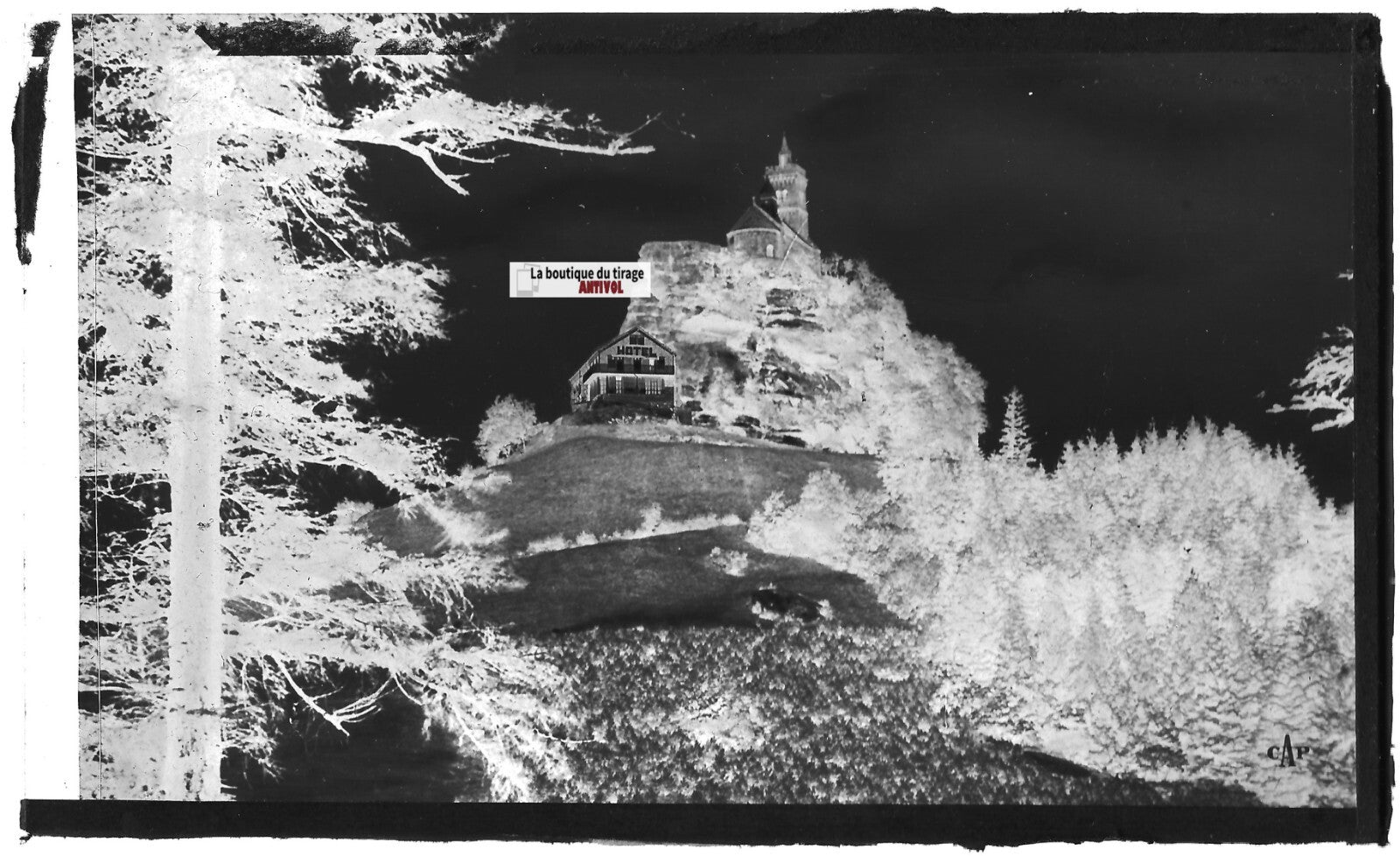 Plaque verre photo, négatif noir & blanc 9x14 cm, Dabo, Chapelle et hôtel, forêt