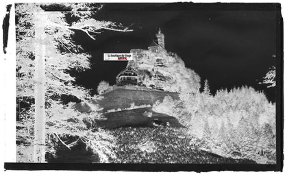 Plaque verre photo, négatif noir & blanc 9x14 cm, Dabo, Chapelle et hôtel, forêt