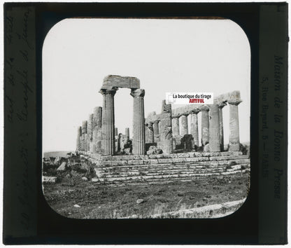 Temple de Junon, Agrigente, photo plaque verre, noir & blanc, positif 8,5x10 cm