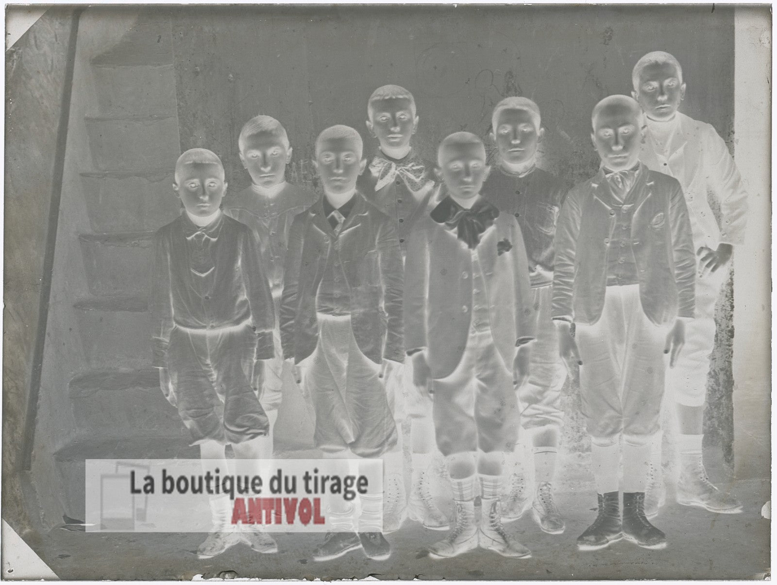 Groupe d’écoliers, garçons, plaque verre, photo ancienne, négatif 9x12 cm