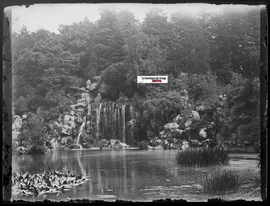 Cascade du Bois de Boulogne, Plaque verre photo, négatif noir & blanc 9x12 cm