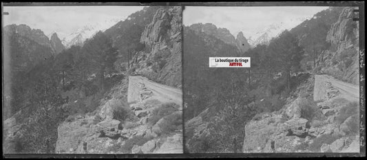 Montagne, route, paysage, photo ancienne plaque verre, négatif 8x18 cm