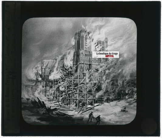 Guerre 14-18, cathédrale de Reims, plaque verre, noir & blanc, positif 8,5x10 cm