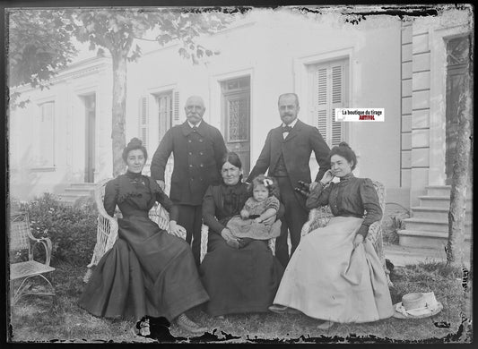 Groupe, famille, Plaque verre photo ancienne, négatif noir & blanc 13x18 cm