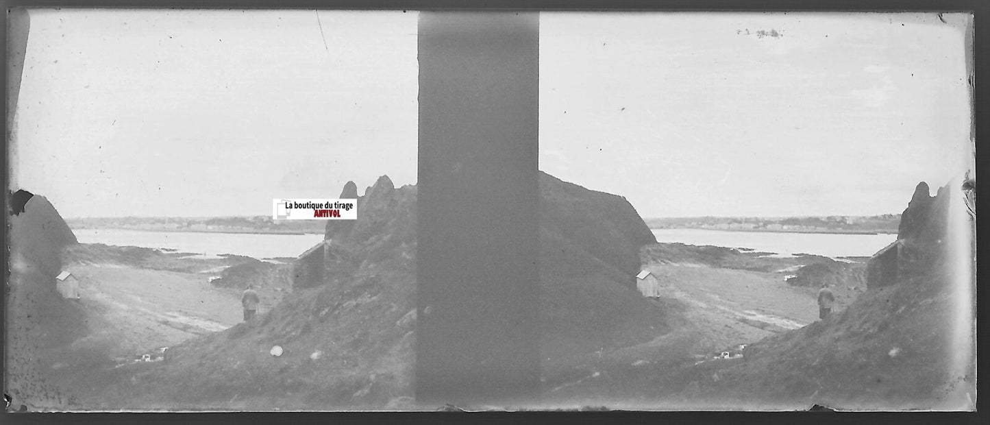 Mer, Océan, Plaque verre photo stéréoscopique, négatif noir & blanc 4,5x10,7 cm