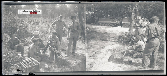 Camp du Ruchard, tir mortier, plaque verre, photo ancienne, négatif N&B 6x13 cm