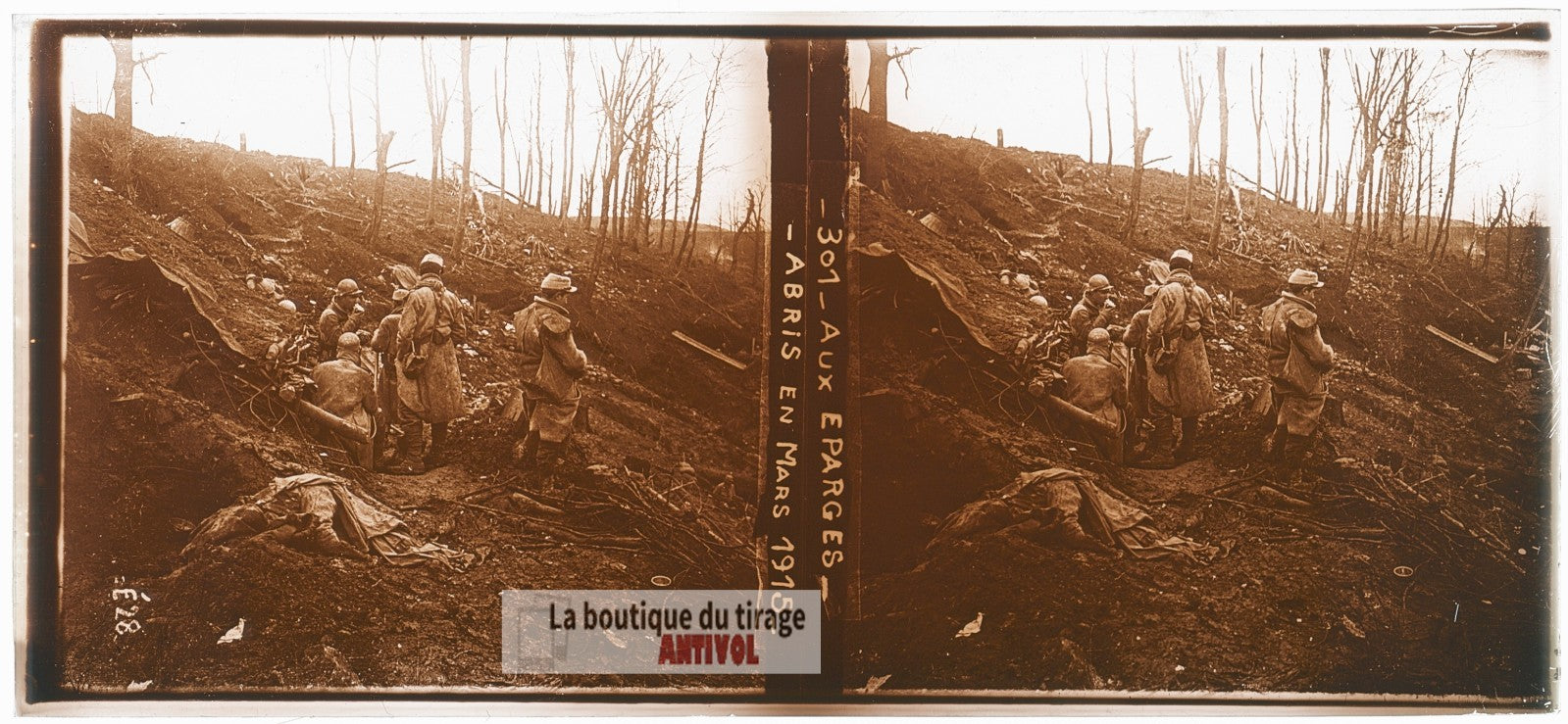Les Éparges, abris en mars 1915, WW1, plaque verre photo ancienne stéréo 6x13 cm