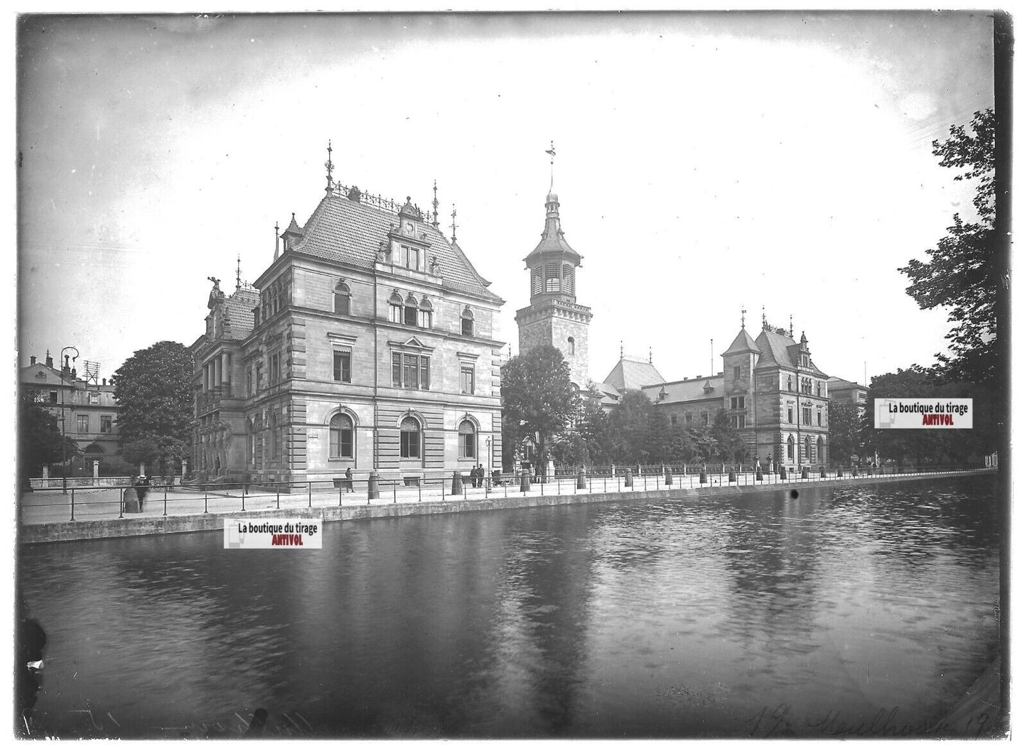 Plaque verre photo ancienne positif noir et blanc 13x18 cm Mulhouse La Poste eau