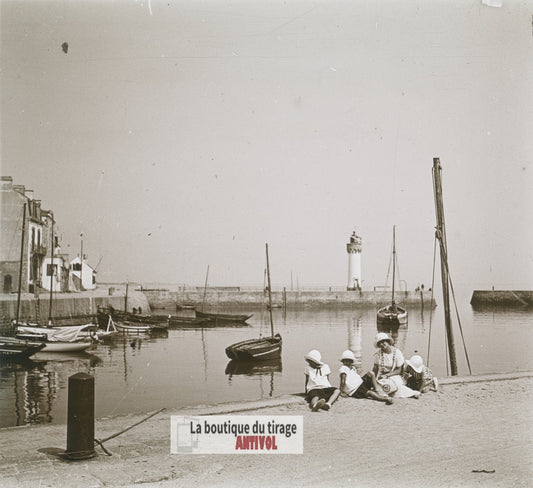 Port-Haliguen, Quiberon, Bretagne, plaque verre photo ancienne stéréo 6x13 cm
