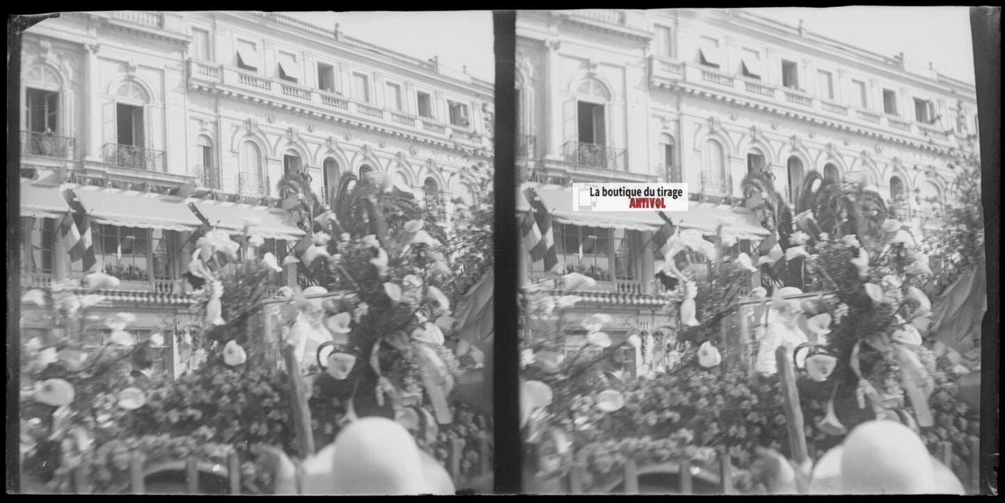 Carnaval de Nice ?, char fleur, plaque stéréo ancienne verre, négatif 9x18 cm