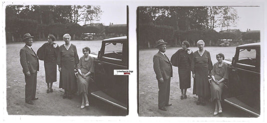 Voiture ancienne, Plaque verre photo stéréo, positif noir & blanc 6x13 cm