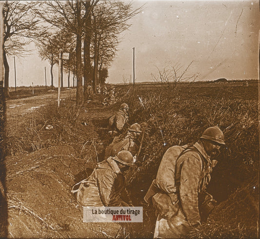 Montdidier 1918, guerre WW1, plaque verre photo ancienne stéréo 6x13 cm