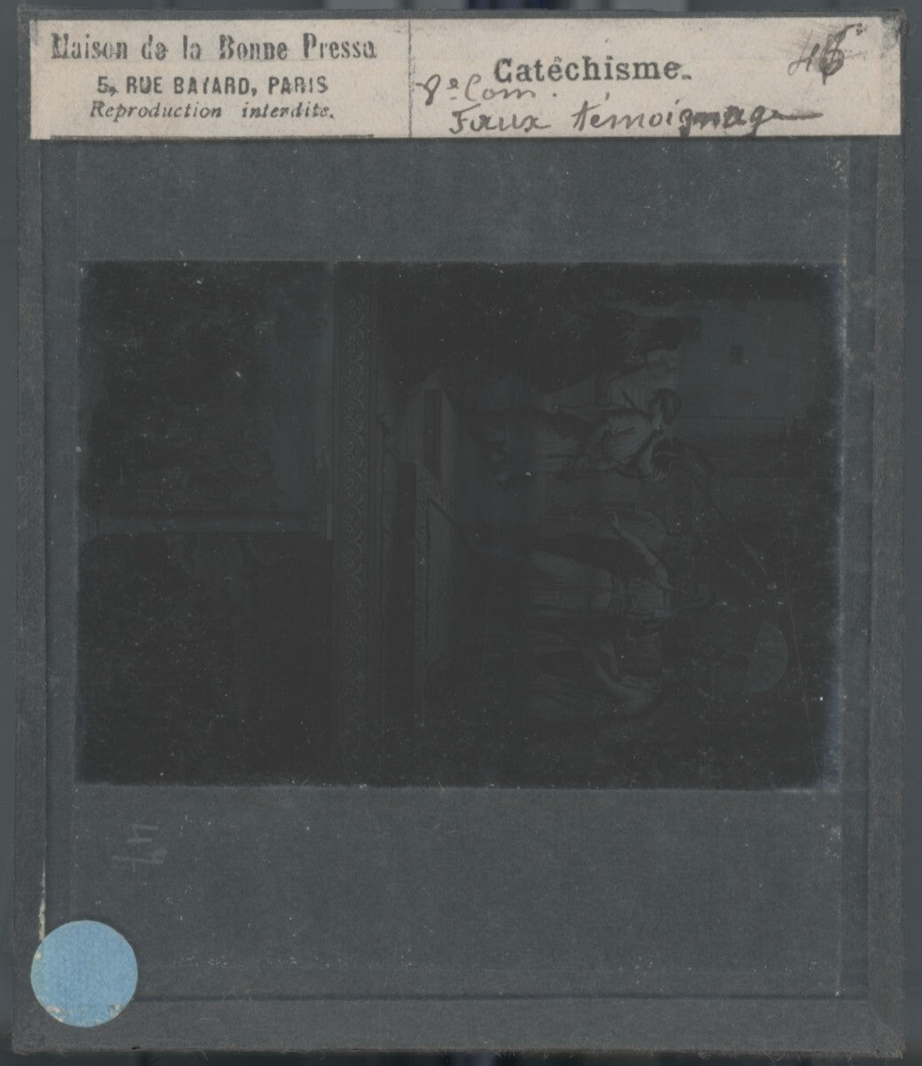Scène religieuse, catéchisme, dessin peinture, plaque verre, positif 8,5x10 cm