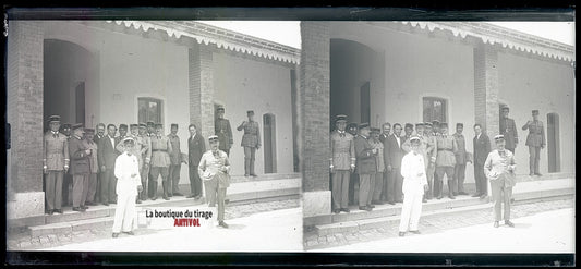 Algérie, officiers coloniaux, plaque verre, photo stéréo, négatif N&B 6x13 cm