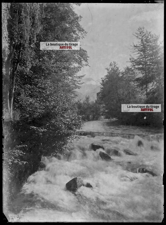 Plaque verre photo ancienne négatif noir et blanc 13x18 cm paysage montagne