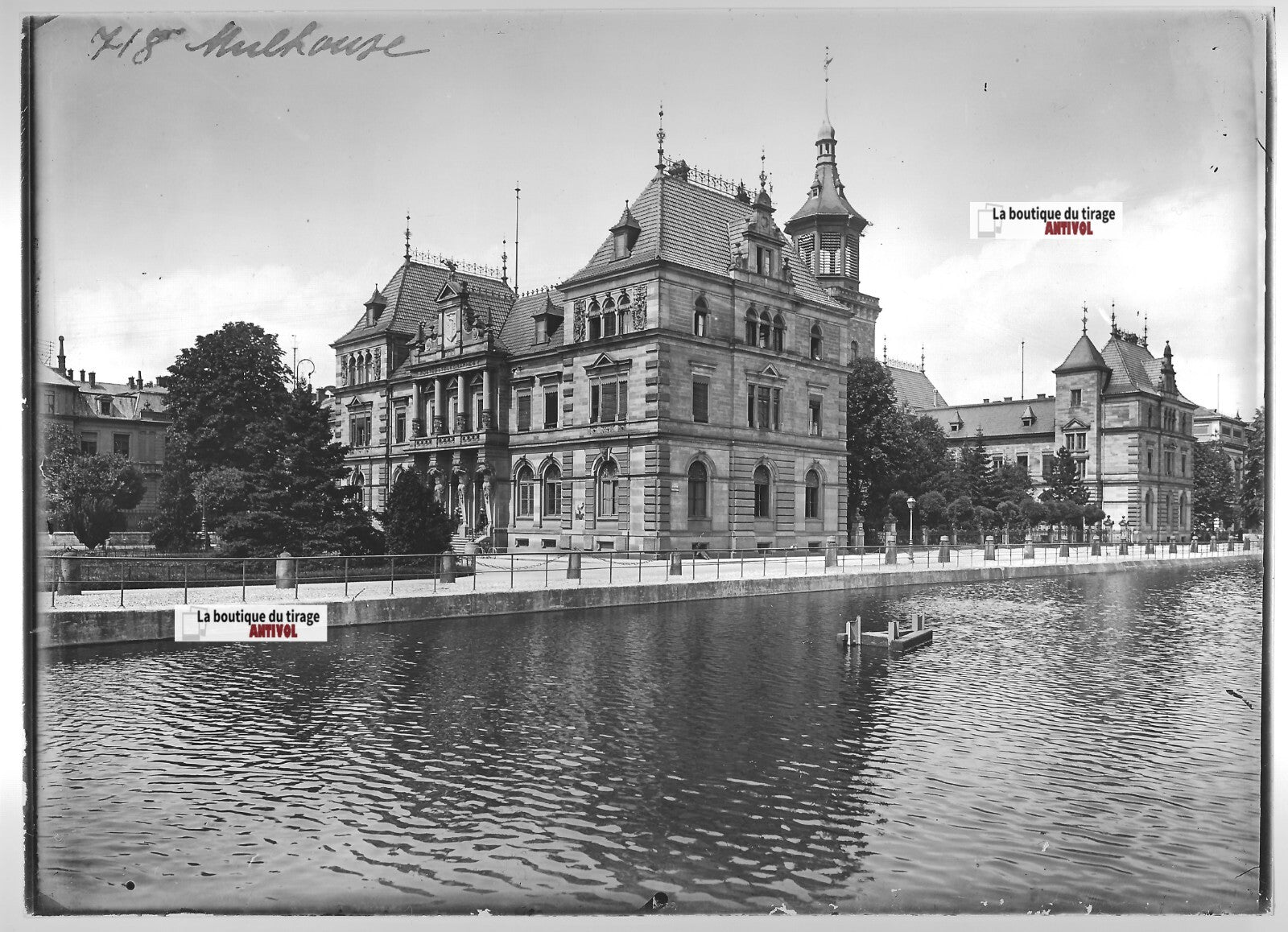 Plaque verre photo ancienne positif noir et blanc 13x18 cm Mulhouse canal