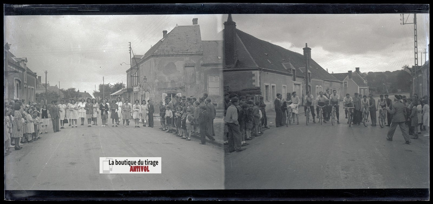 Course cycliste, France, plaque verre, photo ancienne, négatif N&B 6x13 cm