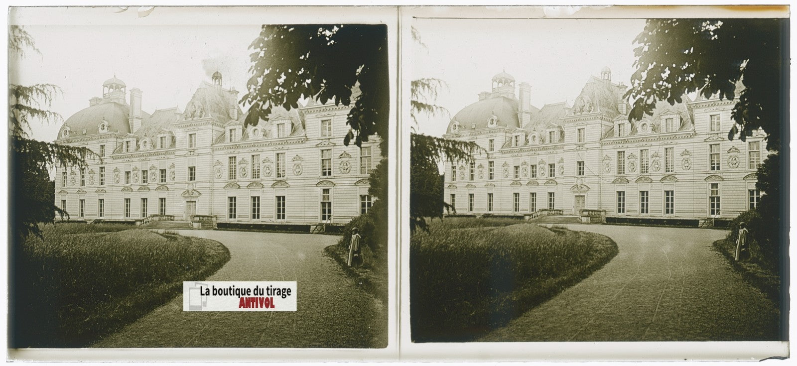 Château de Cheverny, plaque verre, photo stéréoscopie, noir & blanc 6x13 cm