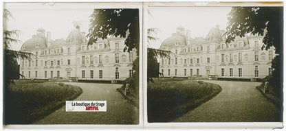 Château de Cheverny, plaque verre, photo stéréoscopie, noir & blanc 6x13 cm