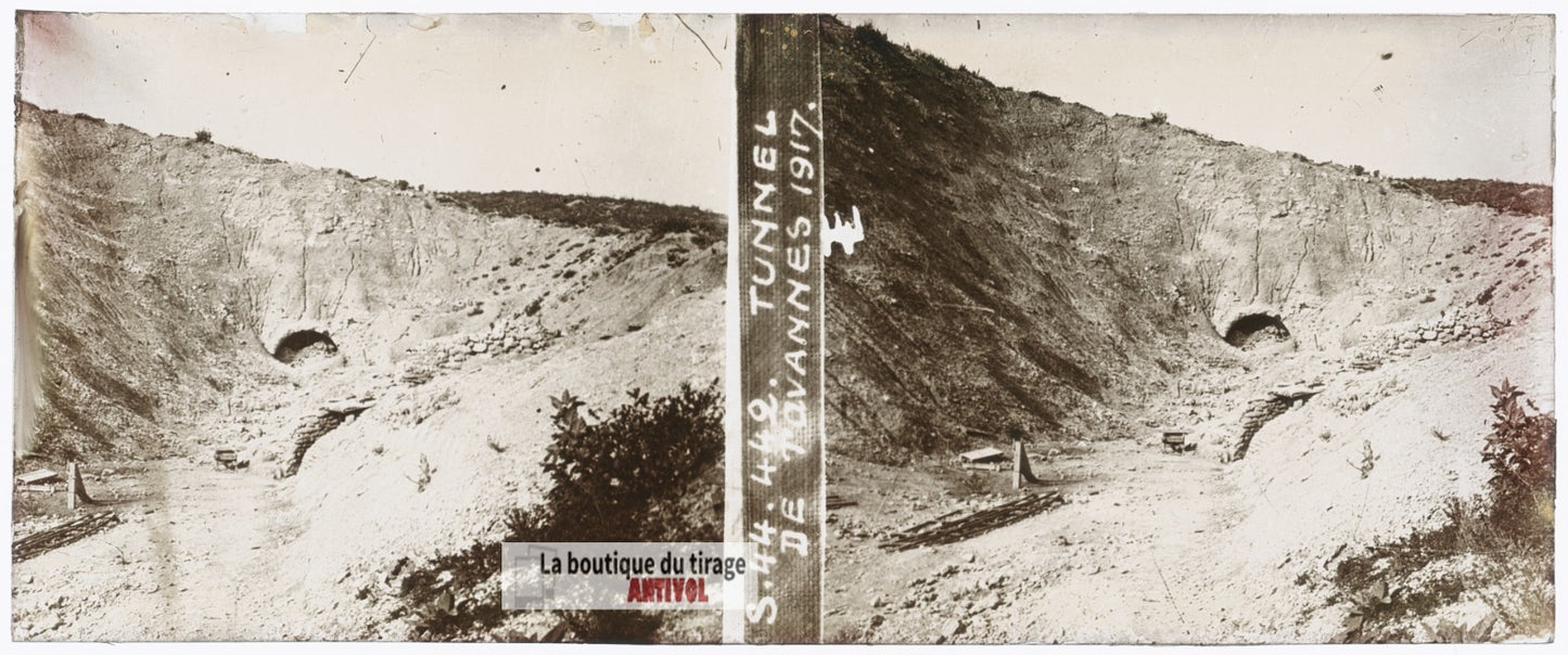 Verdun, tunnel de Tavannes, guerre WW1, plaque verre stéréo, photo 4,5x10,7 cm